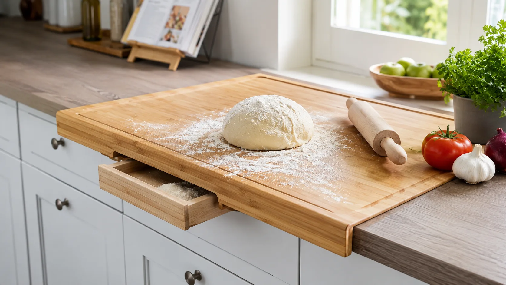 Kombinert bakebord og skjærebrett plassert på benkeskap i lyst kjøkken