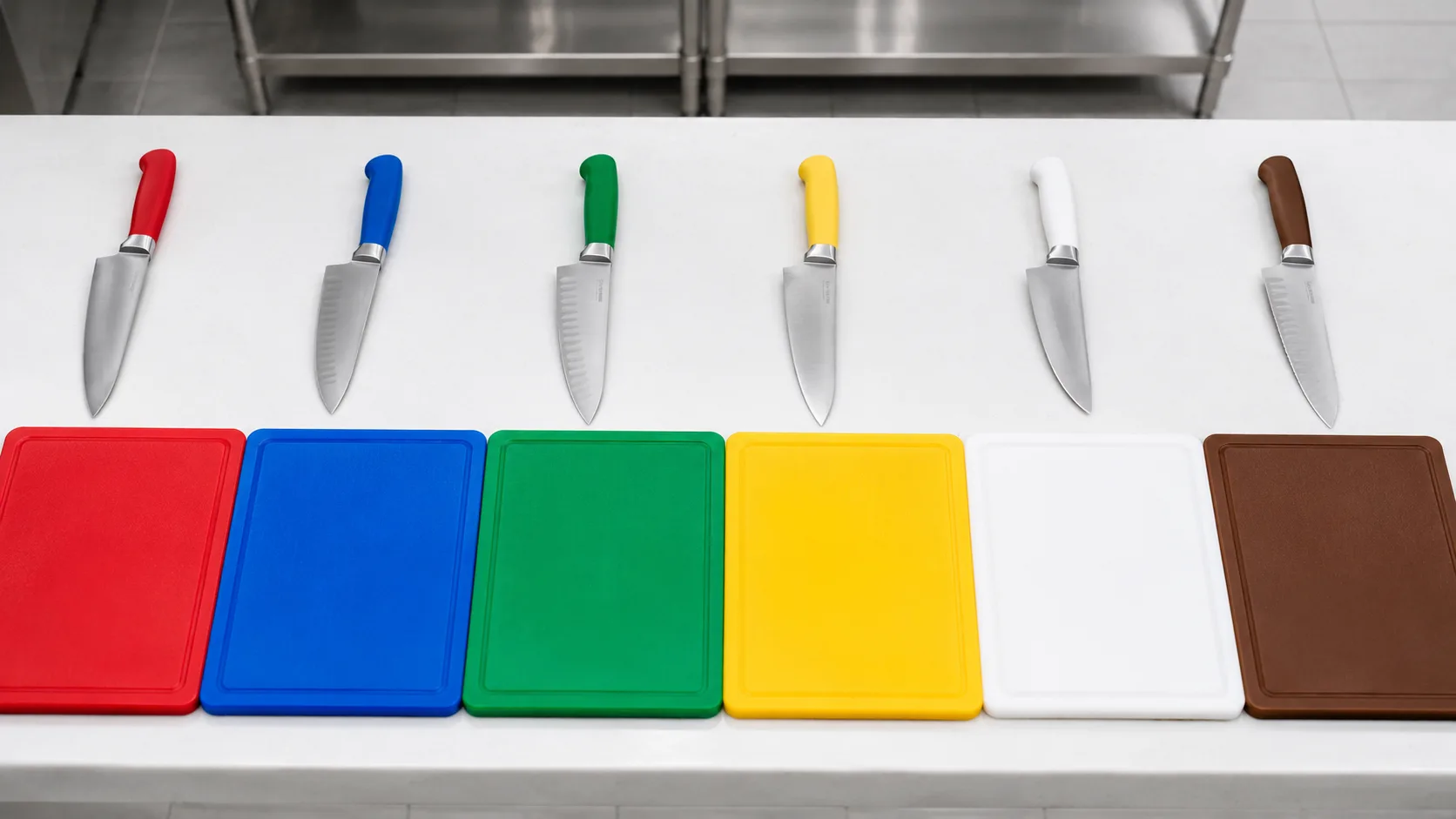 Seks fargekodede kniver med matchende skjærebrett i rødt, blått, grønt og gult