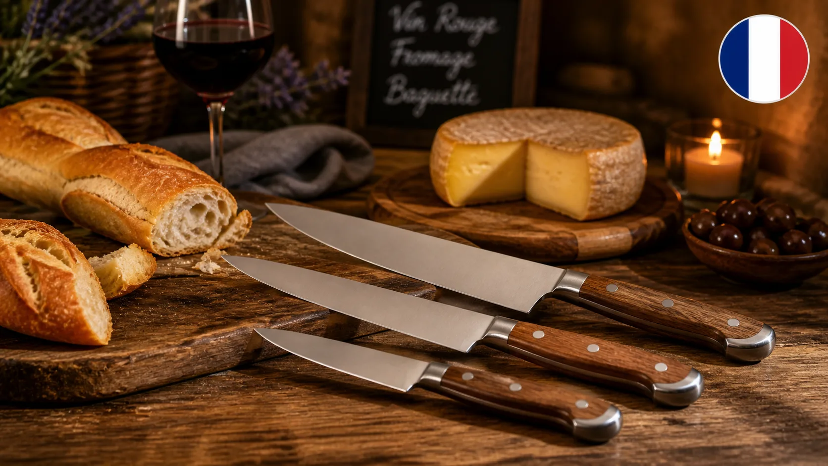 Franske kniver med trehåndtak på rustikt bord med baguette, ost og rødvin