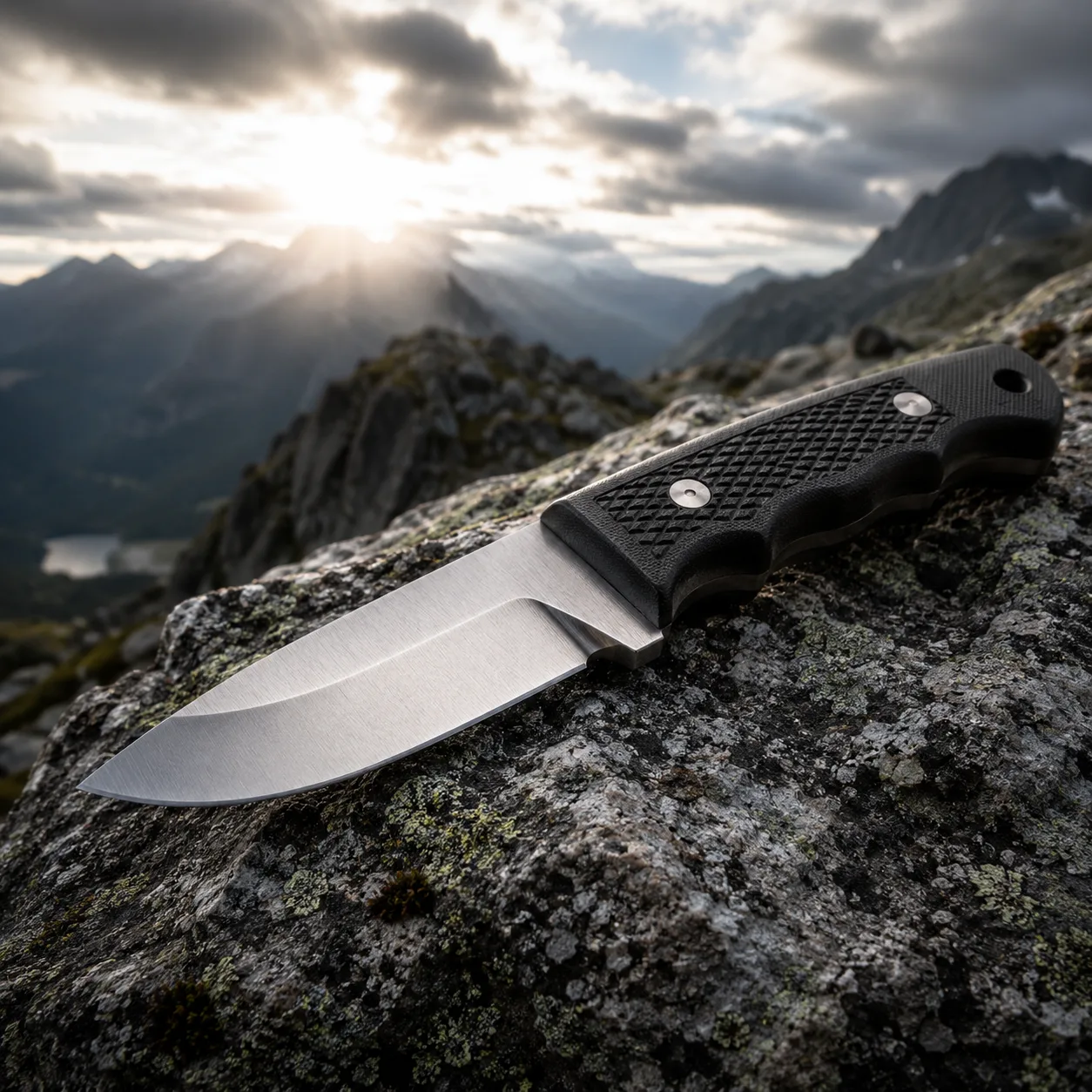 Robust fulltangekniv med scandislipt blad og synlig tange på granitt