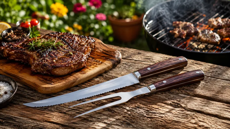 Grillbestikk med lang tannet kniv og gaffel ved grillen med kull og biff
