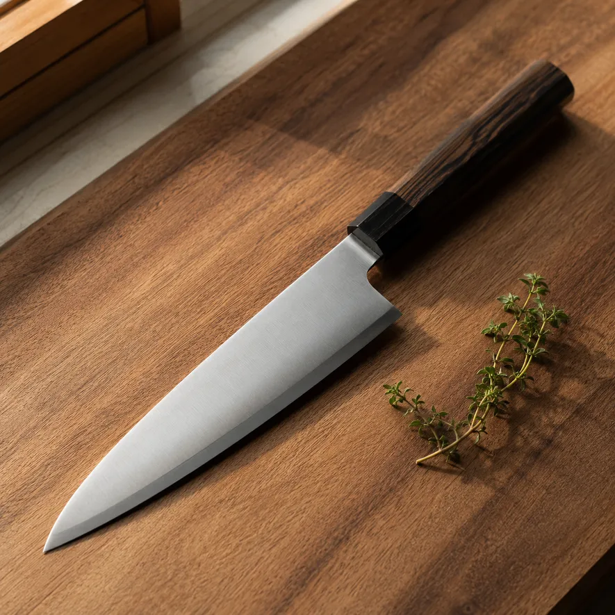 Japansk gyuto kokkekniv på treskjærebrett med urter ved siden av