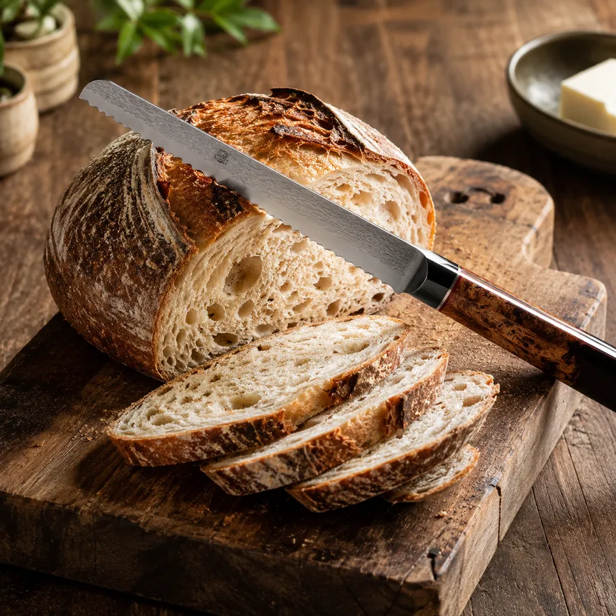 Japansk brødkniv med tannet egg skjærer gjennom et surdeigsbrød
