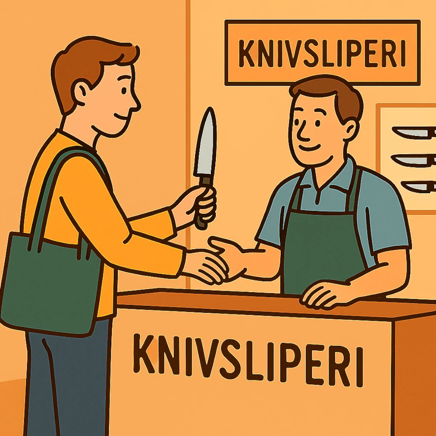 En mann leverer inn kniver til et knivsliperi