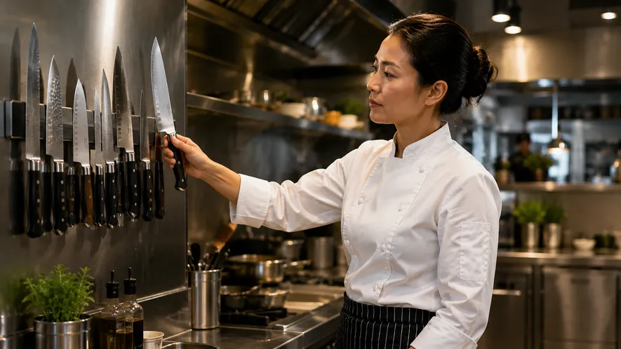 Profesjonell kokk velger kniv fra magnetlist i restaurantkjøkken