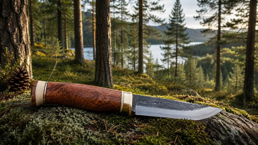 Tradisjonell norsk friluftskniv med trehåndtak liggende på en mosegrodd stein i skogen