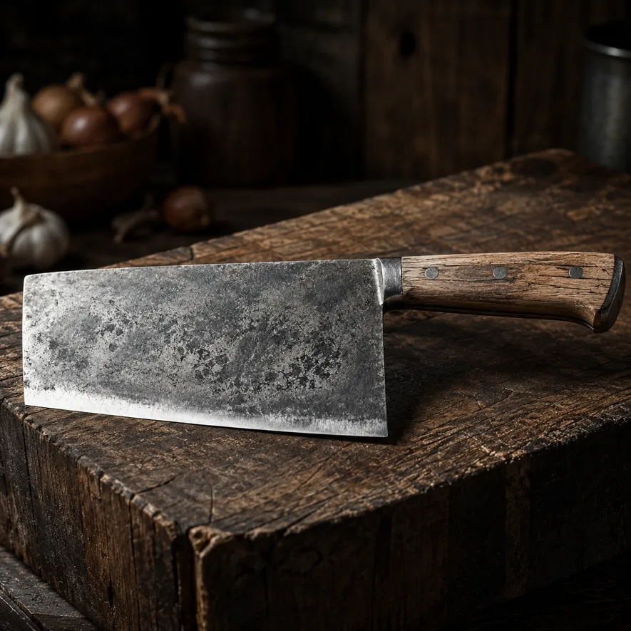 Serbisk kokkekniv med kraftig cleaver-inspirert blad på treskjærebrett