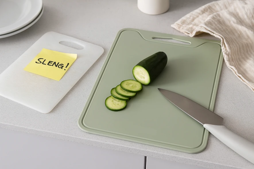 Grønn silikon skjærebrett i bruk med oppskårne agurkskiver, ved siden av et slitt plastbrett merket med gul lapp der det står Sleng
