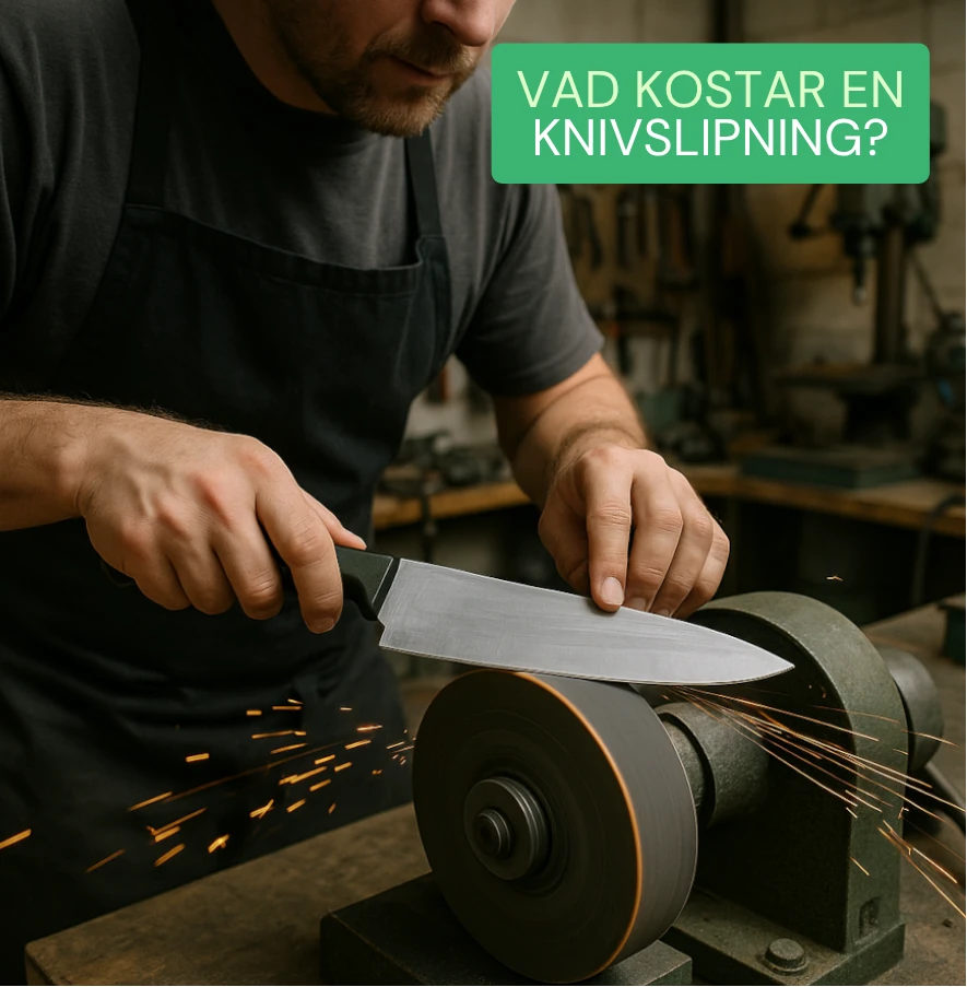 En mann sliper en kokkekniv på slipemaskinen i verkstedet sitt