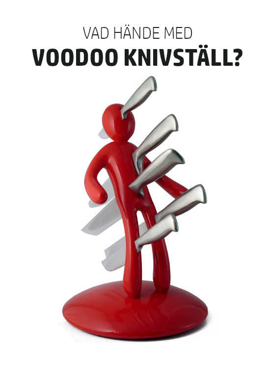 Voodoo knivstativ, rød figur som kokkeknivene stikkes gjennom