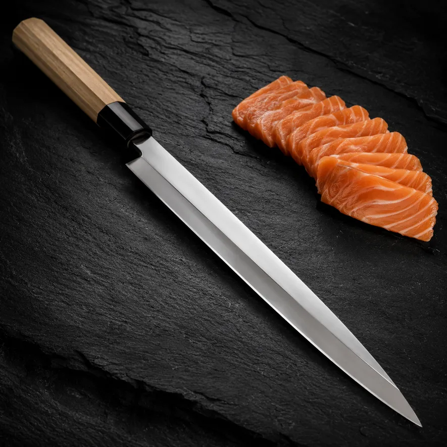 Yanagiba sashimikniv med enkeltslipt egg på japansk treflate